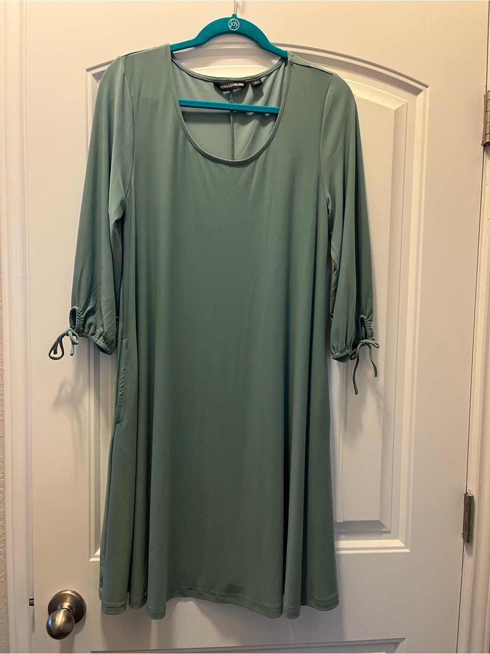 Nina Leonard Sage Green Tie-Sleeve Long-Sleeve Swing Dress